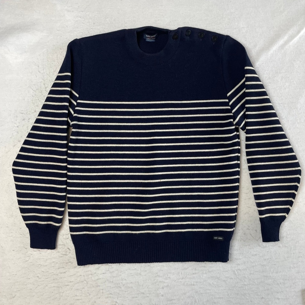 Saint James Matelot Nautical Sweater M Navy Blue Striped Wool Button Shoulder